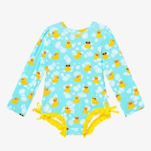 Posh Peanut Girl's Long Sleeve Ruffled Rash Guard Swimsuit - Ducky - size 5T